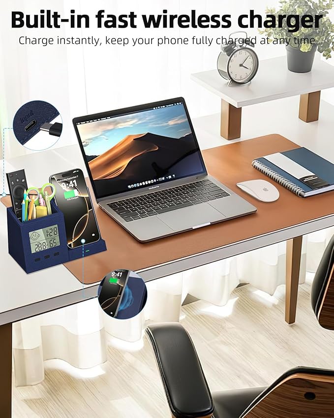 3-in-1 Wireless Charger with Pen Holder, Desk Clocks with Temperature and - Image 2