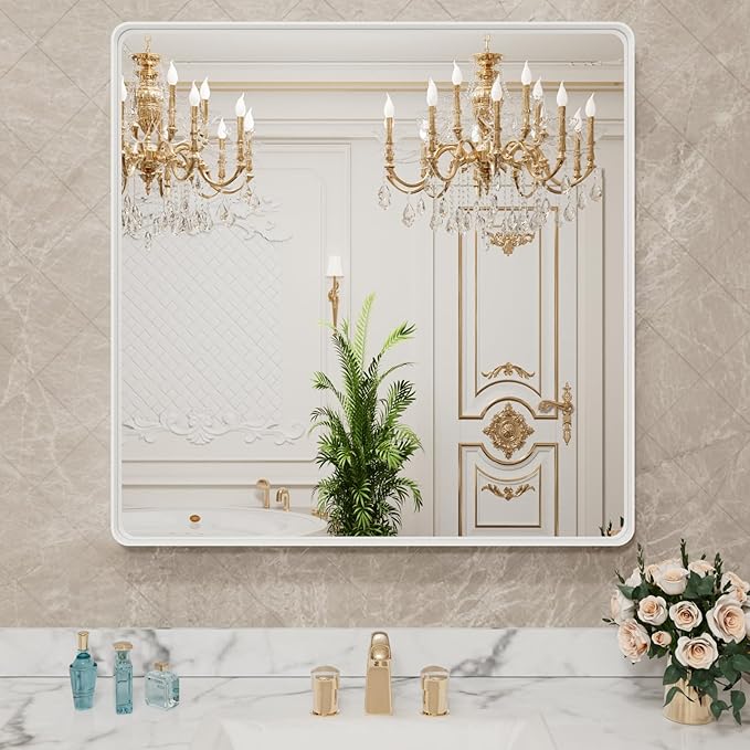 LOAAO 30x30 Inch White Metal Framed Bathroom Mirror by LOAAO