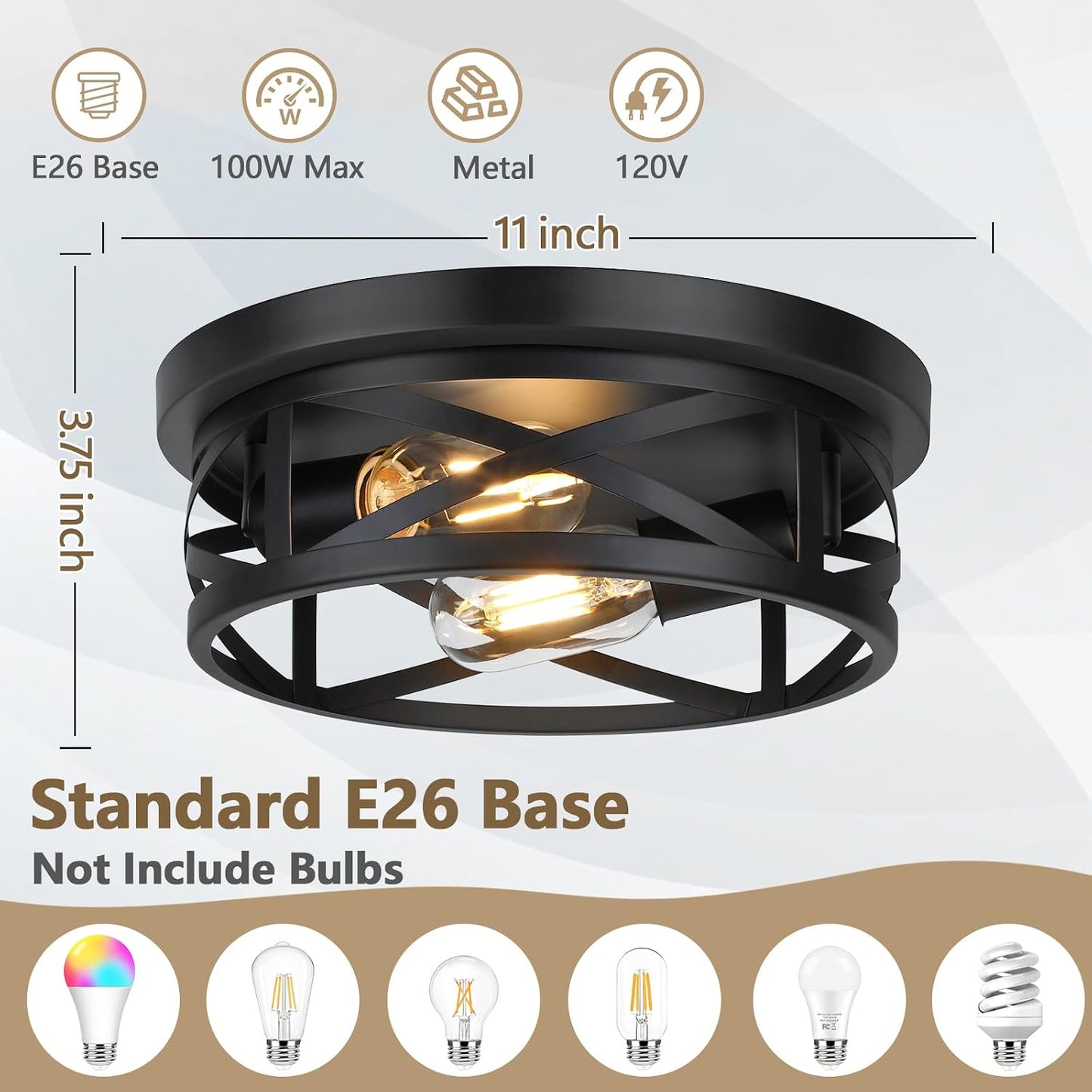 2-Light Flush Mount Ceiling Light Fixtures, 2-Pack | Farmhouse Black Ceiling Lights, Industrial Metal Cage Light Fixtures with Adjustable Head for Bedroom Hallway Kitchen