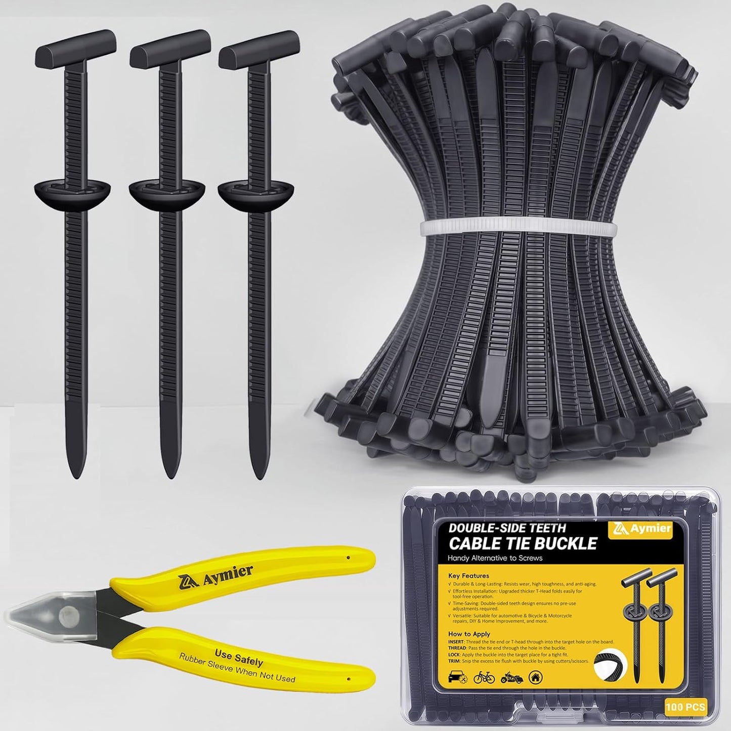 Upgraded Nylon Universal Cable Tie Buckles, Nylon Zip Ties Holders Kit, Automotive Zipper Clips Self-Locking T Rivet Zipties for Car Fender Trunk Bumper Repair, Home & Garage Patent Pending
