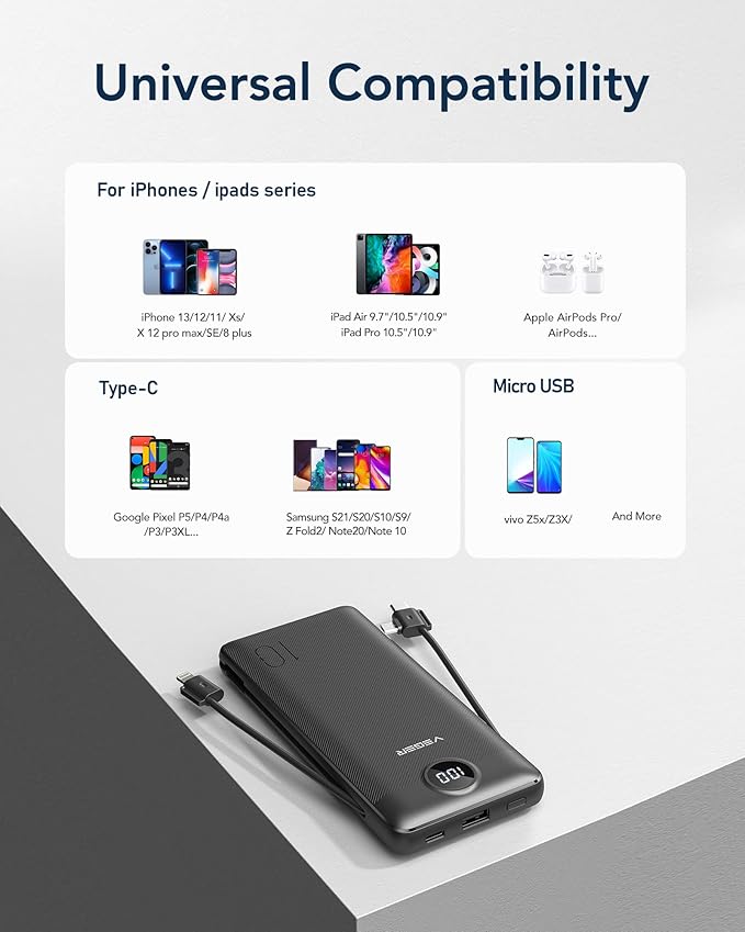 VEGER Portable Charger for iPhone Built in Cables and Wall Plug, 10000mah Slim - Image 6