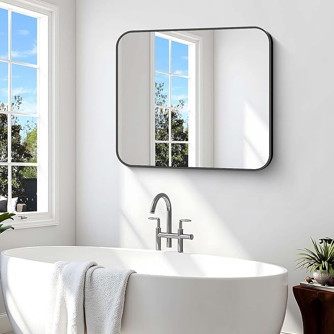 Bathroom Mirror, 36 x 30 inch Metal Framed Black Rectangle Mirror, Rounded - Image 7