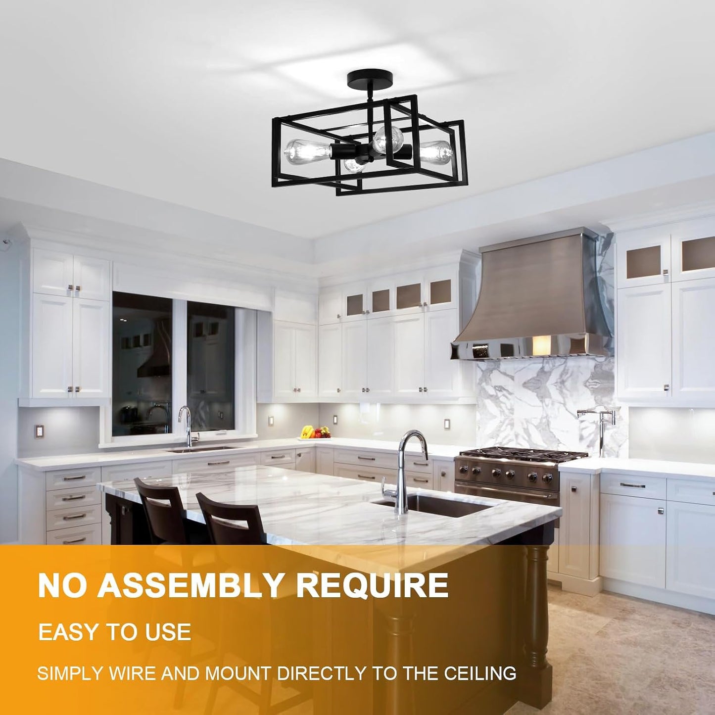 4-Light LED Ceiling Light Industrial Black Farmhouse, Semi Flush Mount Ceiling Light, Lighting for Dining Room Kitchen Hallway Island