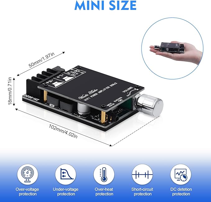 Audio Amplifier Board, ZK-502C Mini Bluetooth Amp Receiver 2.0 Channel 50W x 2 - Image 6