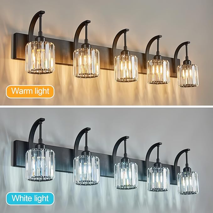 FDPBY 5-Light Crystal Vanity Light, Modern Black Bathroom Wall Sconce - Image 2