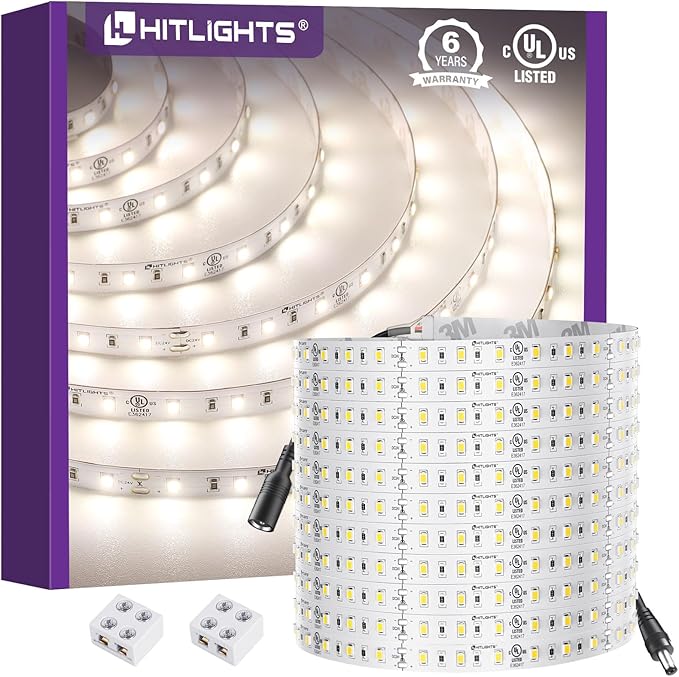 HitLights White LED Strip Lights 4000K 24V, 26.2ft Cuttable Tape Backed 3oz PCB by HitLights