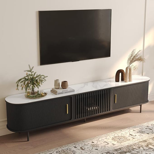 POVISON Sliding Tambour Door TV Stand, Mid Century Modern Sintered Stone TV by POVISON