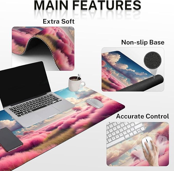 Britimes Dreamy Clouds Pink Plants Keyboard Mouse Pad Set 4in1 Large - Image 3