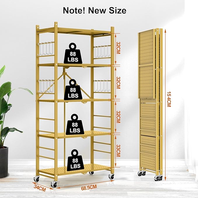 Storage Shelves with 20 Hooks, 5-Tier Foldable Shelves - Image 3