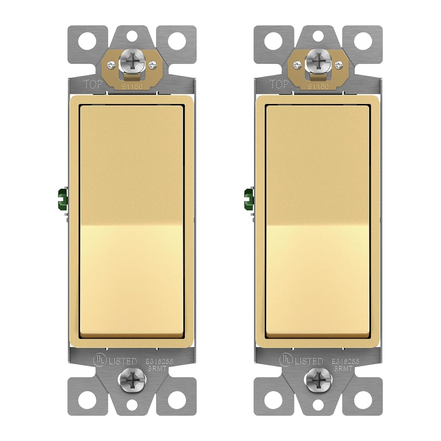 ENERLITES Gold Single Pole Decorator Paddle Light Switch, 15A, 2 Pack | Decorative Rocker Switch, 120V/277V, 3 Wire, Grounding Screw, Residential Grade, Gloss Finish, UL Listed