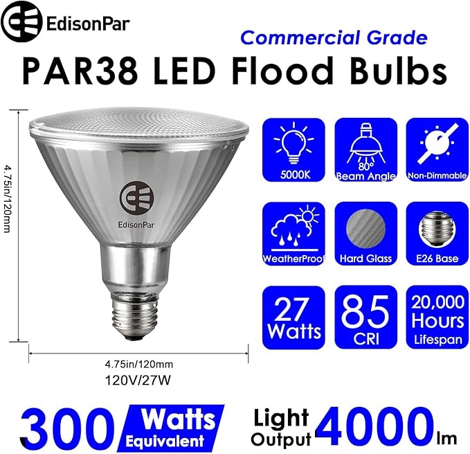 EdisonPar Full-Glass PAR38 LED Flood Light Bulbs Outdoor/Indoor Equivalent 300 - Image 2