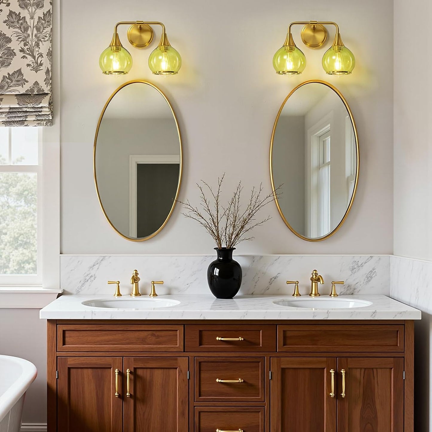 Brushed Gold Bathroom Vanity Light 2-Lights Bathroom Light Fixtures Over Mirror with Green Clear Glass Shade 14 inch Wall Sconce Lighting Bath(Exclude E26 Bulb)