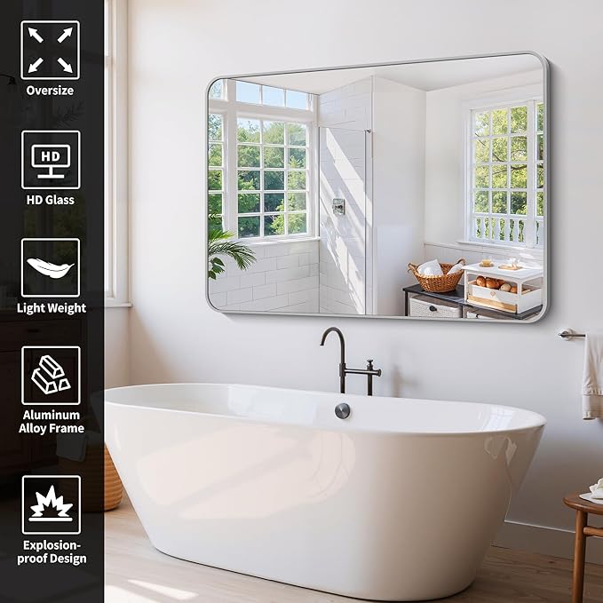 60x40 Inch Silver Bathroom Mirror, Large Rectangle Mirror, Metal Framed - Image 2