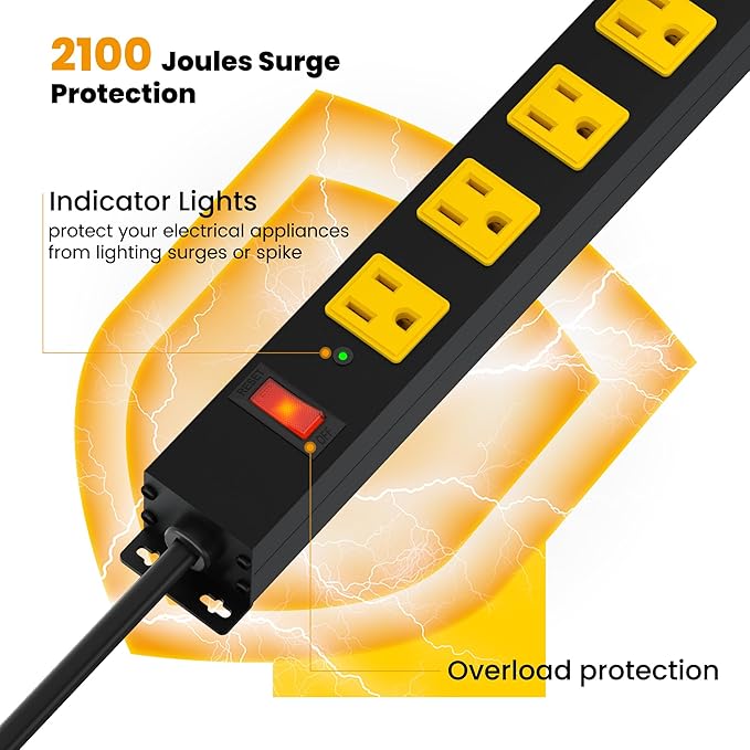 Metal 12 Outlet Mountable Power Strip, Surge Protector Heavy Duty Cord Wide - Image 4