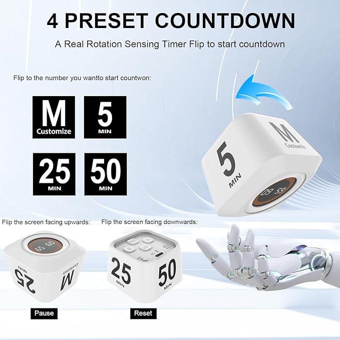 Rotating Cube Pomodoro Timer 5, 50 Min Preset + Custom Countdown, Desk - Image 2