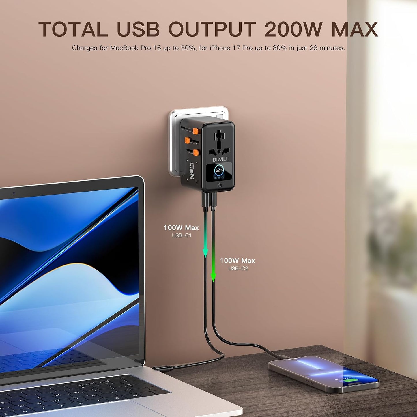 200W GaN Universal Travel Adapter with Smart Display for EU/US/UK | USB-C Fast Charging for MacBook iPhone Laptop, 1AC/3USB-C/1USB-A, International Power Adapter for 200+ Countries Travel