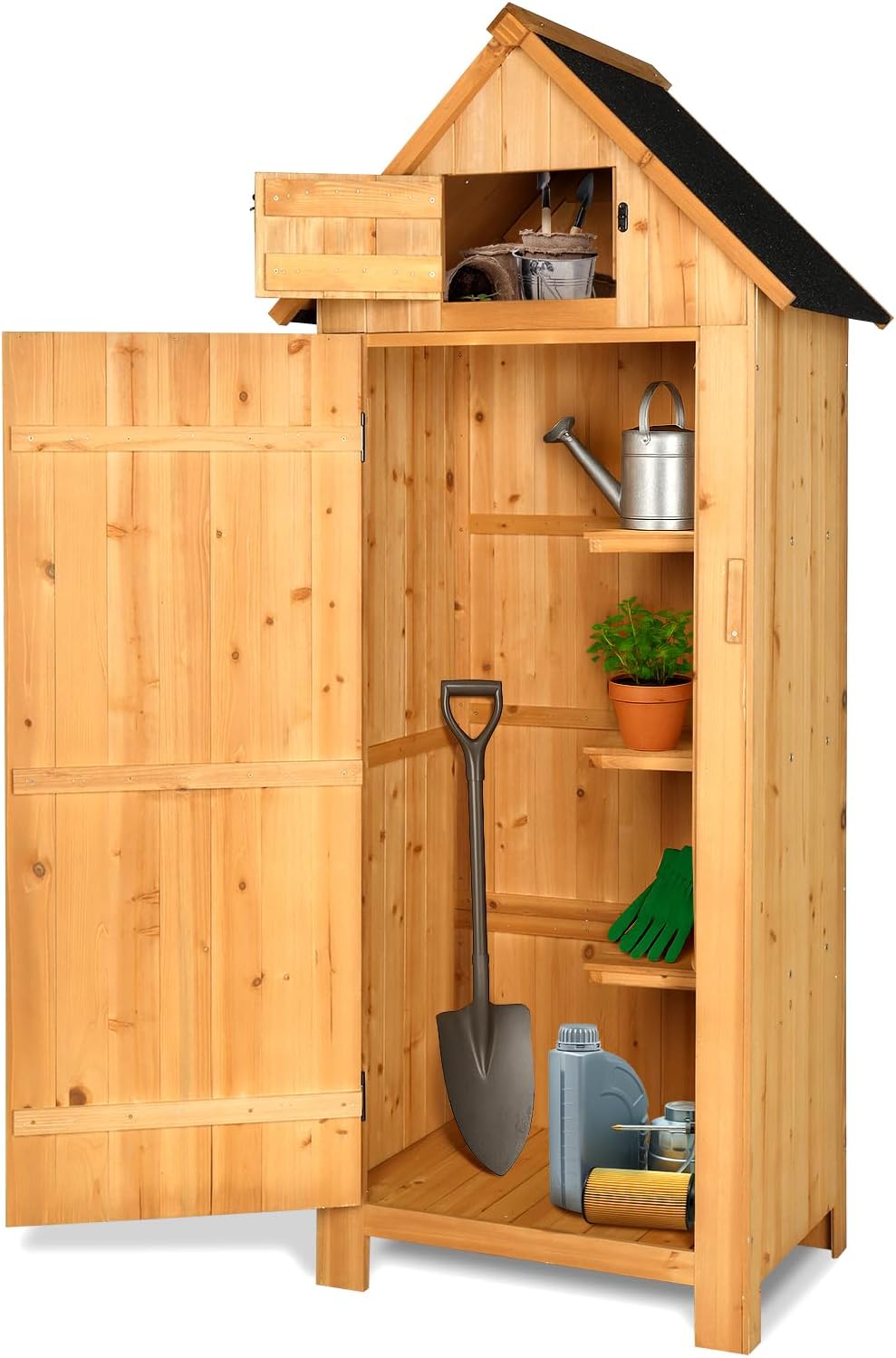 vingli outdoor wooden storage shed, garden shed outside shown in use