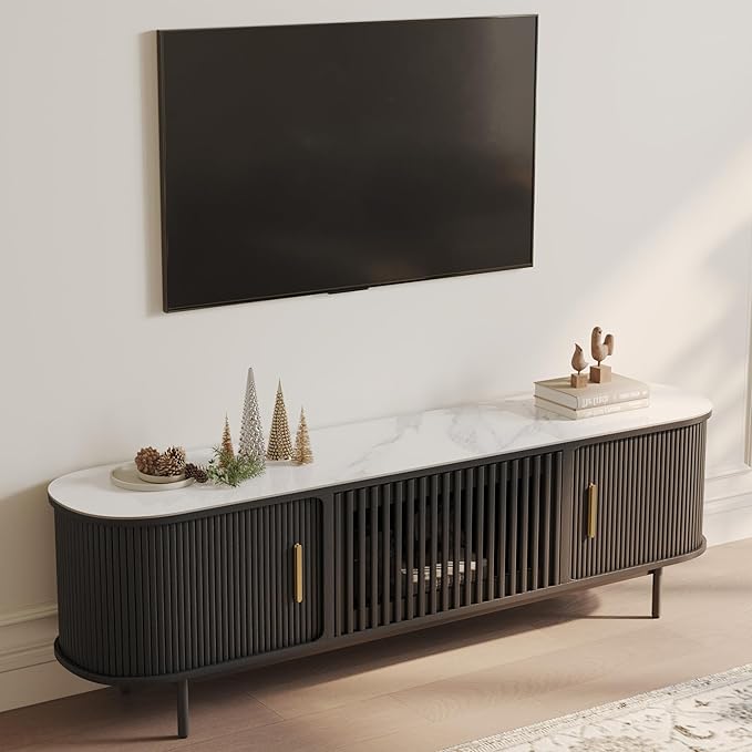 POVISON Sliding Tambour Door TV Stand, Mid Century Modern Sintered Stone TV by POVISON