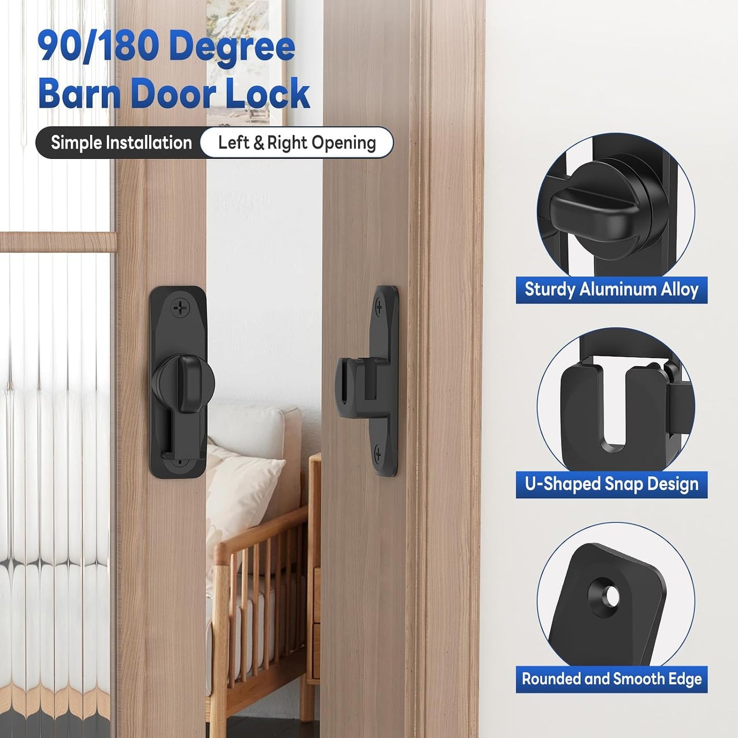 90/180 Degree Sliding Barn Door Locks and Latches, Black, 1 PC | Sturdy Aluminum Alloy, Proof Door Lock for Inside Barn Door, Screen Door, Bathroom, Closet, Cabinet, Screws & Spacer Included