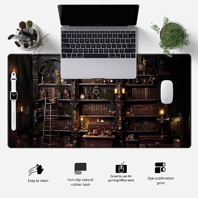 Black Vintage Gothic Desk Mat Black Dark Academia Desk Pad Medieval Bookshelf - Image 2