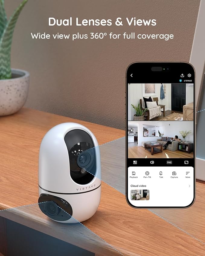 virtavo XD1 Indoor Security WiFi Camera, No Subscription Required, Dual-Lens - Image 2