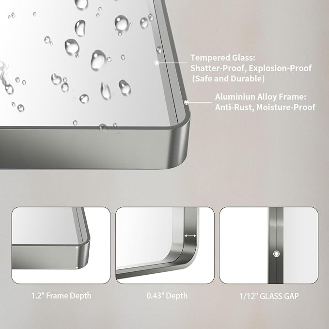 LOAAO 22X30 Inch Brushed Nickel Bathroom Mirror, Rounded Rectangle Silver Metal - Image 5