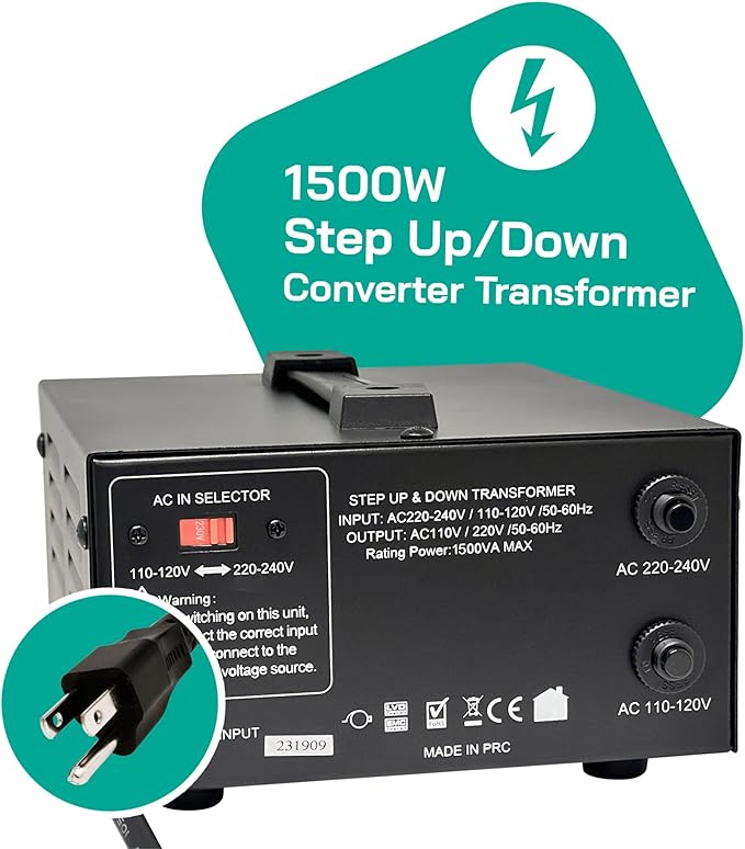 LiteFuze 1500 Watt Voltage Converter Transformer Step Up/Down - 110v to 220v / - Image 2