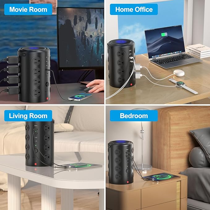 Tower Power Strip with 15W Wireless Charger, 20FT Extension Cord, 16 AC Outlets - Image 6