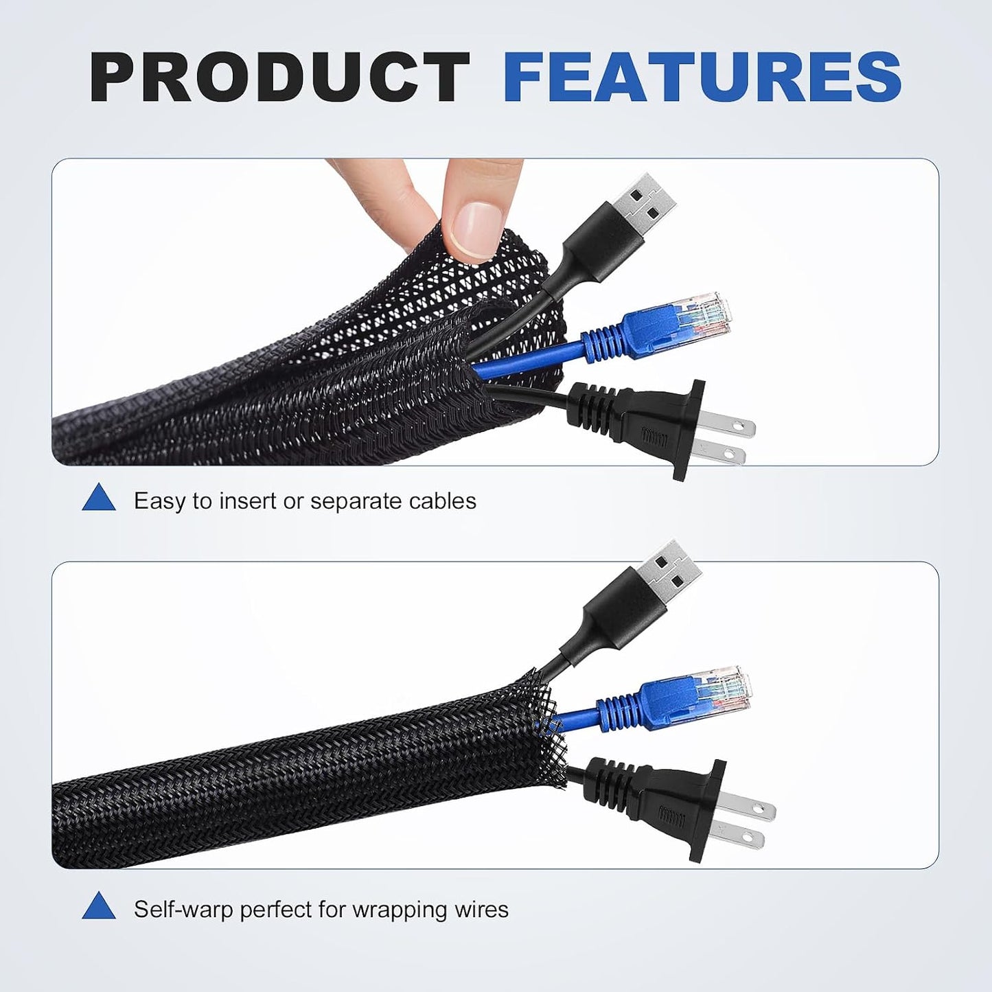 1/2" Cable Management Loom Wrap Sleeve Cord Wire Hider Organizer Covers | ELECFUN 8ft, Split, Braided Protector, Computer USB TV, Protect Cat Dog Pet from Chewing, Self, Black