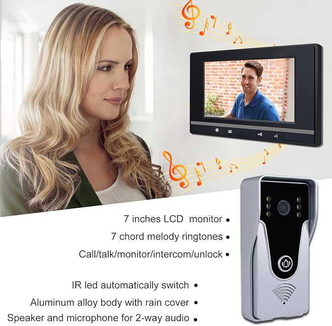 Wired Video Intercom System, 7 Inch Monitor and Aluminum Alloy Doorbell Camera - Image 7