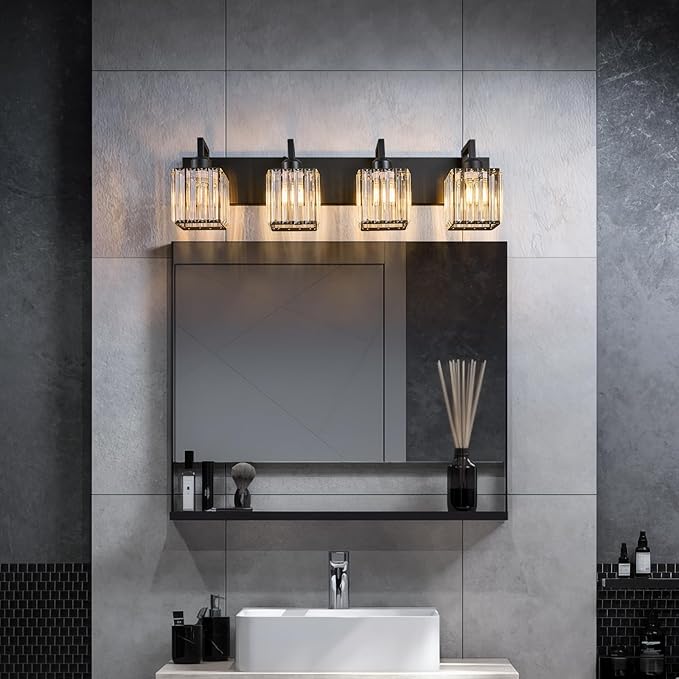 FDPBY Black Bathroom Light Fixture, 4-Light Crystal Vanity Lighting, Bathroom - Image 2