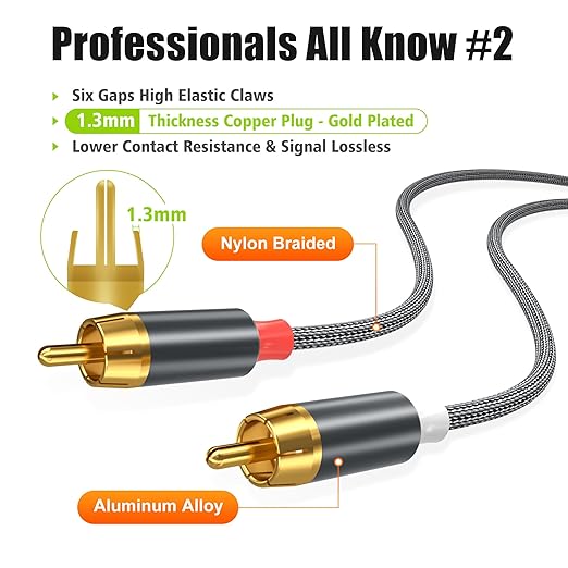 AGVEE 10ft RCA Cable, 2 RCA Male Thickened Six Claws Plug Stereo Auxiliary - Image 4