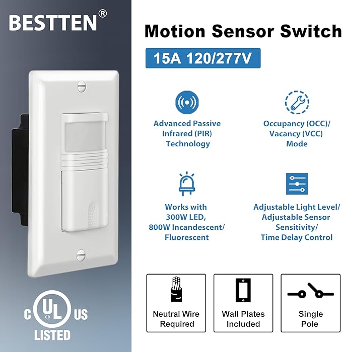 BESTTEN 5 Pack Motion Sensor Light Switch, PIR Vacancy & Occupancy, 800W 1/6 HP - Image 2