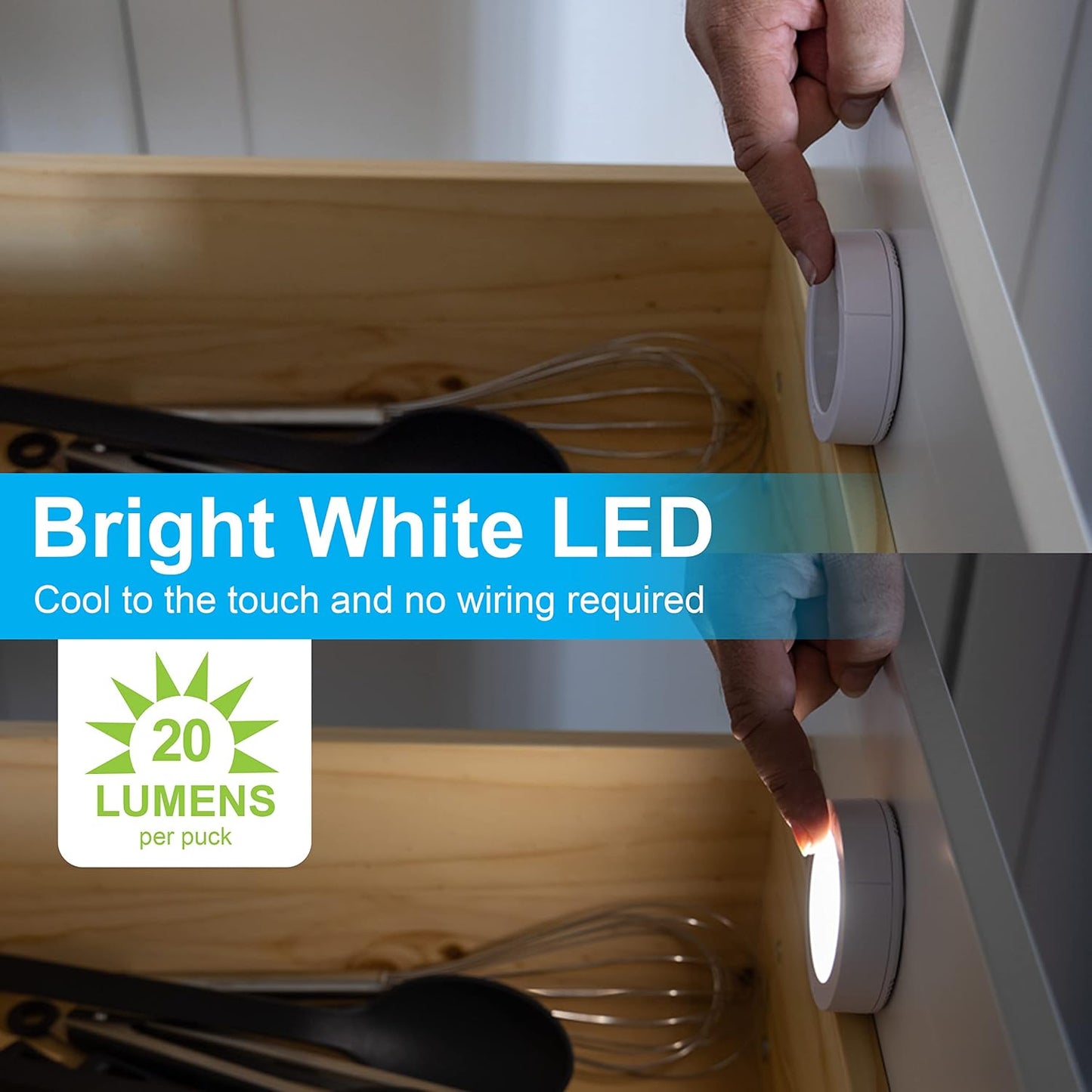 GE Under Cabinet LED Puck Lights Wireless Battery Operated, Touch Activated Stick On Lighting for Kitchen Closet Pantry Bookshelf Garage, Bright White 20 Lumen, 2 Pack, 25434