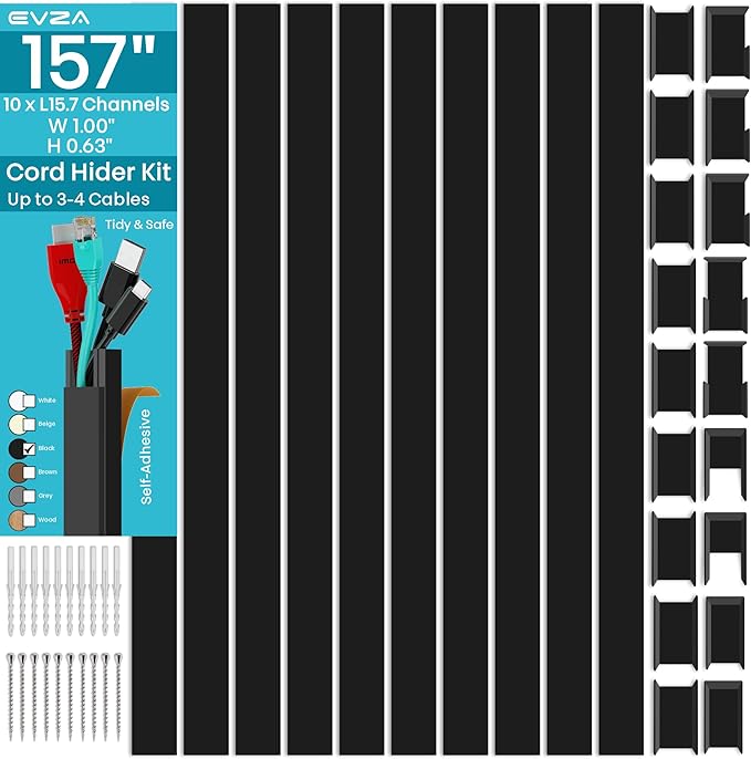 Black Cord Cover Wire Hider - 157in Large Cable Concealer by EVZA