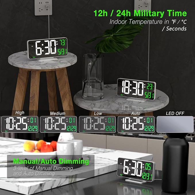 KOSUMOSU Alarm Clock for Bedroom, 6.7" Led Desk Digital Clock, Mirror Clock - Image 3