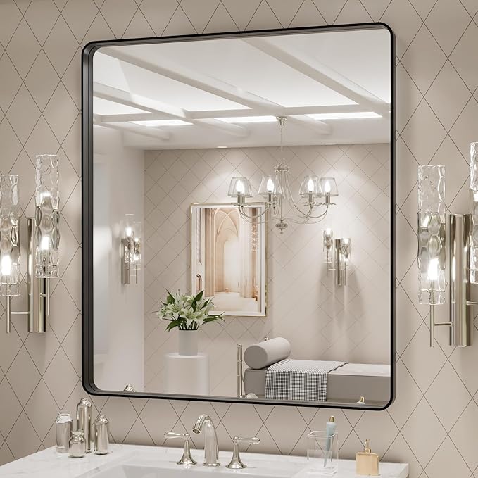 LOAAO 32x36 Inch Black Metal Framed Bathroom Mirror - Image 3