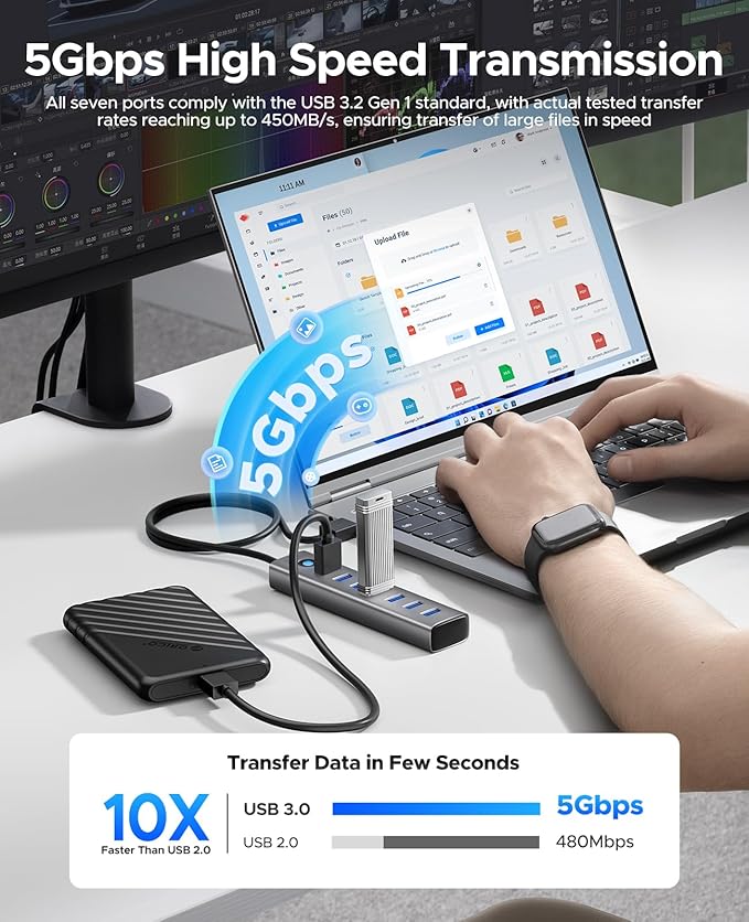 ORICO 7-Port USB 3.0 Hub, Aluminum USB Multiple Adapter, 5Gbps USB Extender USB - Image 3