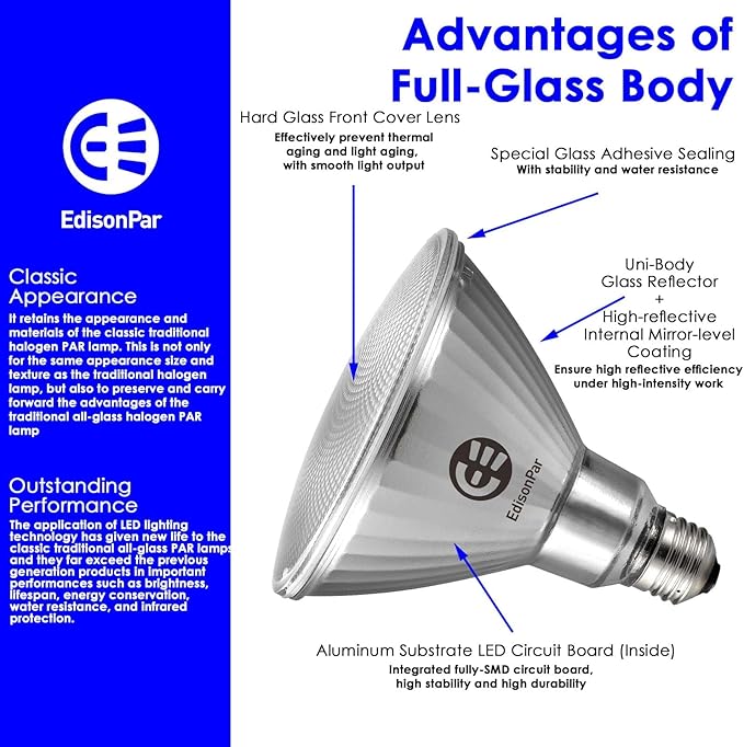 EdisonPar Full-Glass PAR38 LED Flood Light Bulbs Outdoor/Indoor Equivalent 350 - Image 3