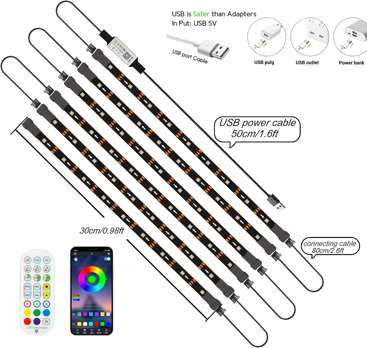 LED Strip Lights 6 Pre-Cut Led Light Strip with Remote & APP Dimmable,RGB Color Changing led Lights Strip for tv Backlight, Bookshelf Ligh, Bedroom, Display,Shelf,Cabinets(Multicolor, 6 Strip)