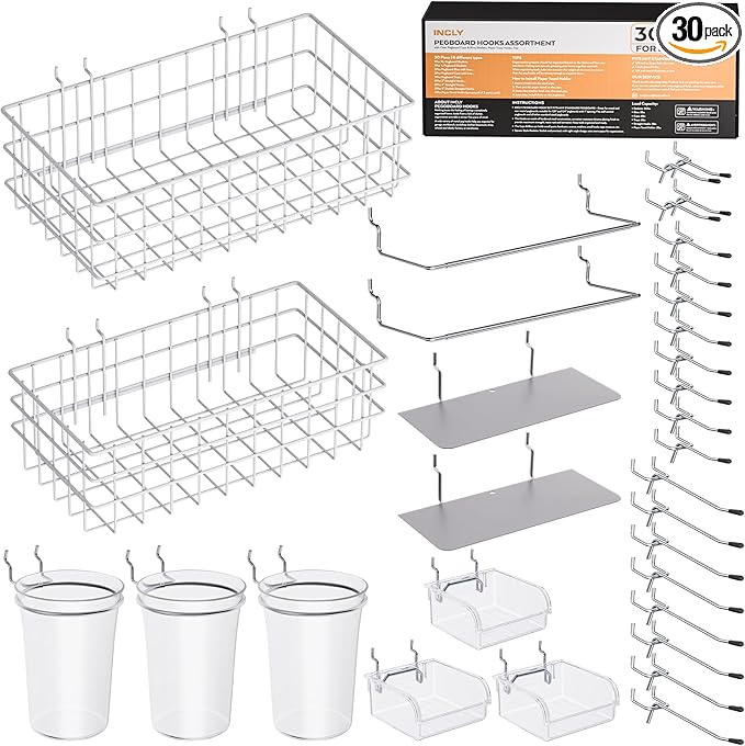 INCLY 30PCS Peg Board Organizer Accessories Kit, Pegboard Hooks Assortment by INCLY