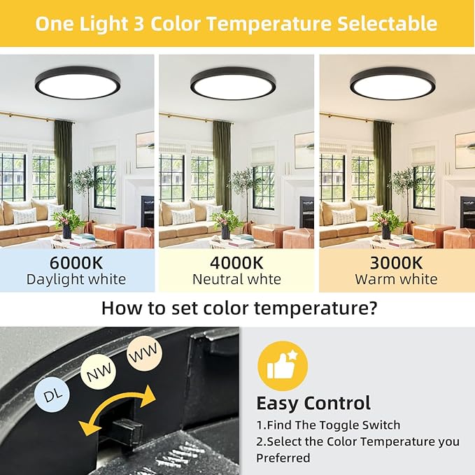 RLEDPZTX Led Flush Mount Ceiling Light, 16 Inch 32w 3480lm, 3000k/4000k/6000k - Image 2
