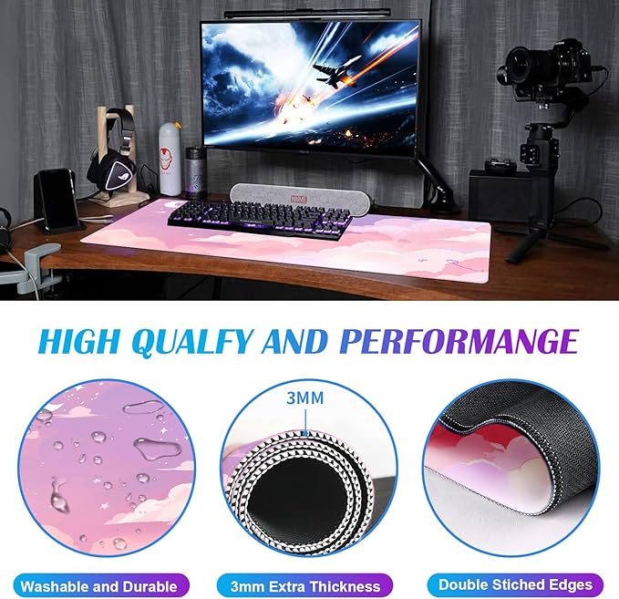 Cute Anime Cloud Desk Mat, Beautiful Pink Stitching Edge Non Slip Rubber Mouse - Image 4