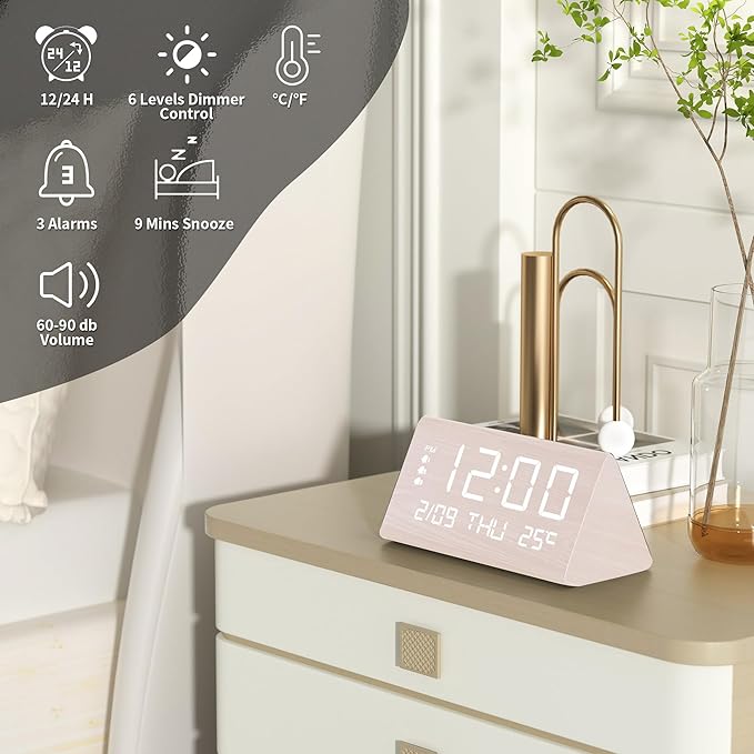 JALL Digital Alarm Clock, with Wooden Electronic LED Time Display, 3 Alarm - Image 2