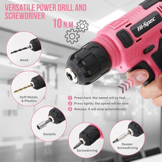 Hi-Spec 110pc Pink 8V USB Electric Power Cordless Womens Drill Driver Set. - Image 4