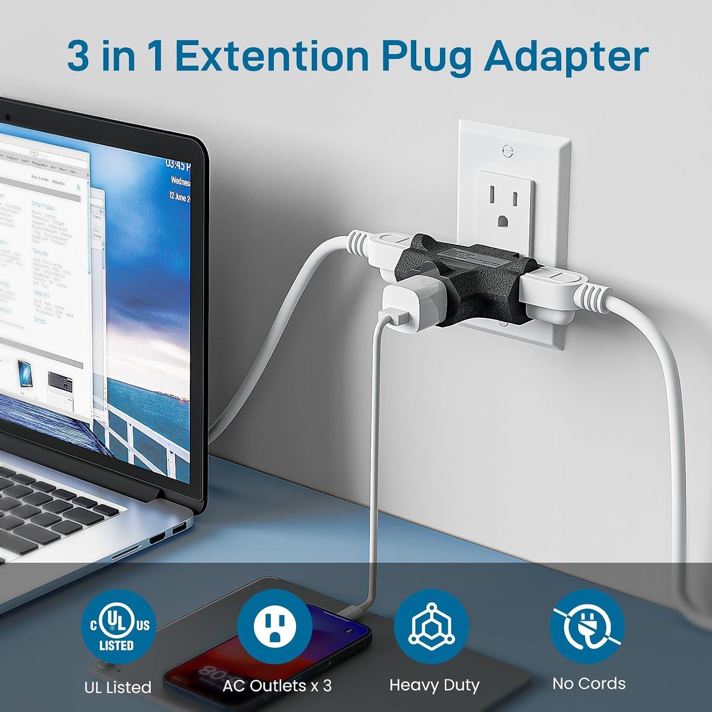 K KASONIC 3 Outlet Grounding Adapter, Heavy Duty Plug Extender 3 Pack Black