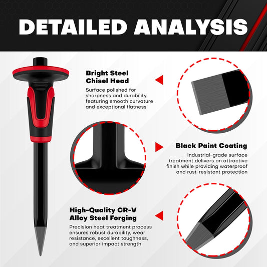 C&T 3Pcs Heavy Duty Masonry Chisel Set with Hand Guard, Stone and Rock Chisel, Rock Chisel Set, Stone and Rock Tool for Breaking, Splitting and Cutting- Professional Masonry Tools