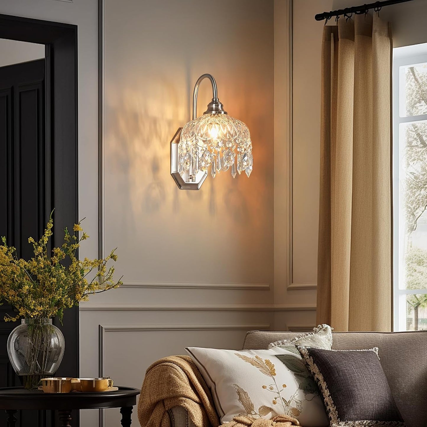 2-Pack Vintage Wall Sconce,Glass Crystal Wall Sconce,Matte Brushed Antique Nickel Finish Set of Two for Bedroom Bathroom Hallway Living Room Decor
