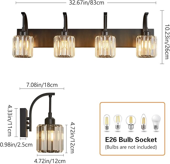 FDPBY 4-Light Crystal Vanity Light, Modern Black Bathroom Wall Sconce - Image 4