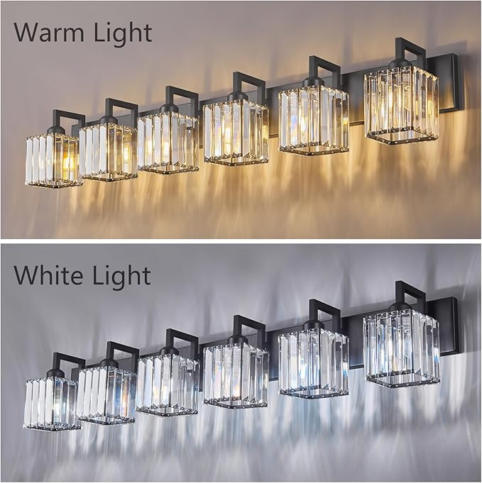 FDPBY Black Bathroom Light Fixture, 6-Light Crystal Vanity Lighting, Bathroom - Image 3